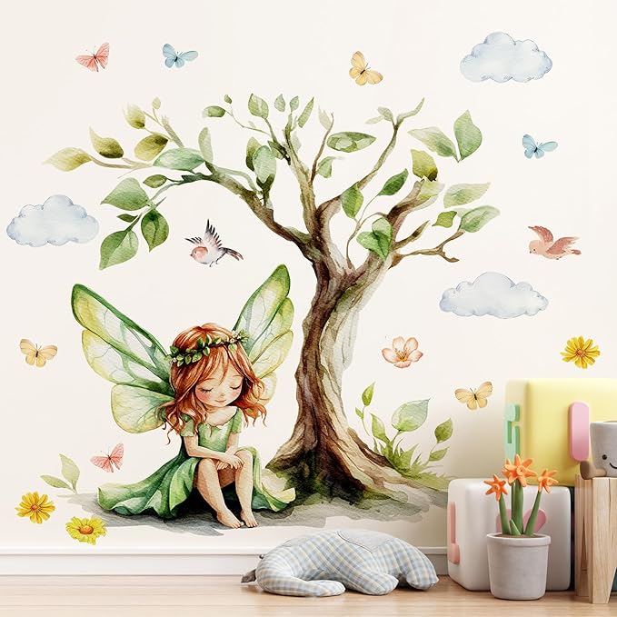 DRWSSR 2Sheets Removable Cartoon Green Butterfly Elf Girl Decals Fairy Wall Decals DIY Tree and Leaves Wall Sticker Peel and Stick Butterfly Bird Art for Girls Room Living Room Bedroom Bathroom Decor
