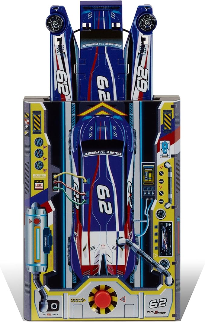 FLAT 2 FAST Original Stunt Card Racer – Flat Car Racer and Pocket Size Racecar Launcher with Built-in Button for Stunt Launching and Racing – Compact – Blue