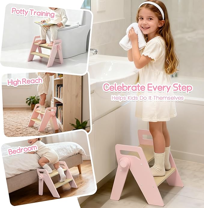 HOMEKOL Toddler Kids Step Stool: Wooden 2 Step Stool for Bathroom Sink, Foldable, Pink