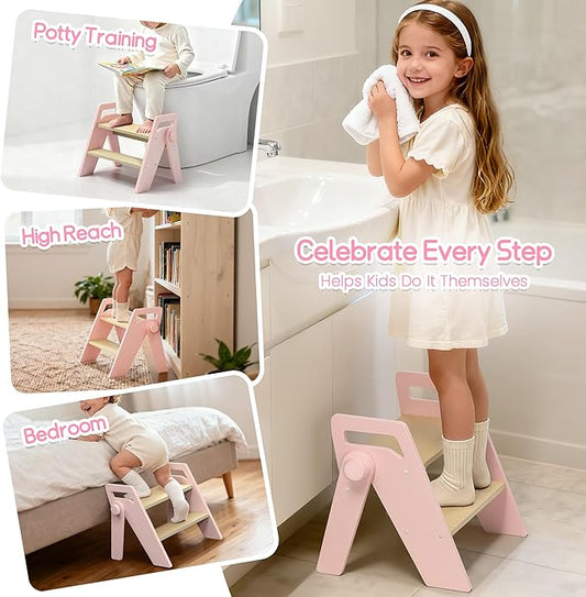 HOMEKOL Toddler Kids Step Stool: Wooden 2 Step Stool for Bathroom Sink, Foldable, Pink