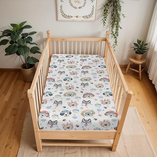 Summer Beach Fun Dogs Baby Crib Sheets for Boy Girl 28"x52" Cute Dog Vacation Soft Stretchy Fitted Crib Mattress Cover Dogs Lovers Gift Nursery Baby Sheet for Standard Crib & Toddler Mattress Pad