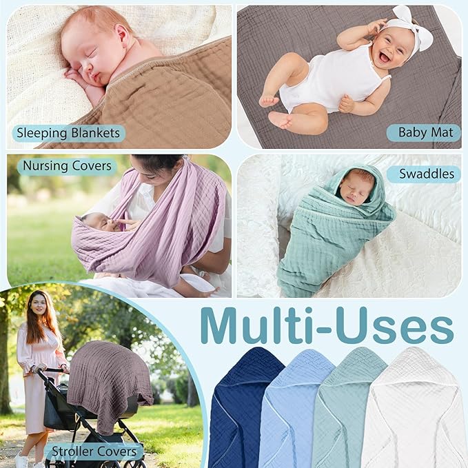 Peryiter 4 Pcs Muslin Hooded Baby Towels, 32x 32'' Cotton Newborn Bath Towel Muslin Infant Baby Blankets Absorbent Unisex Christmas Registry Gift Essentials for Girls Boys (Blue Series)