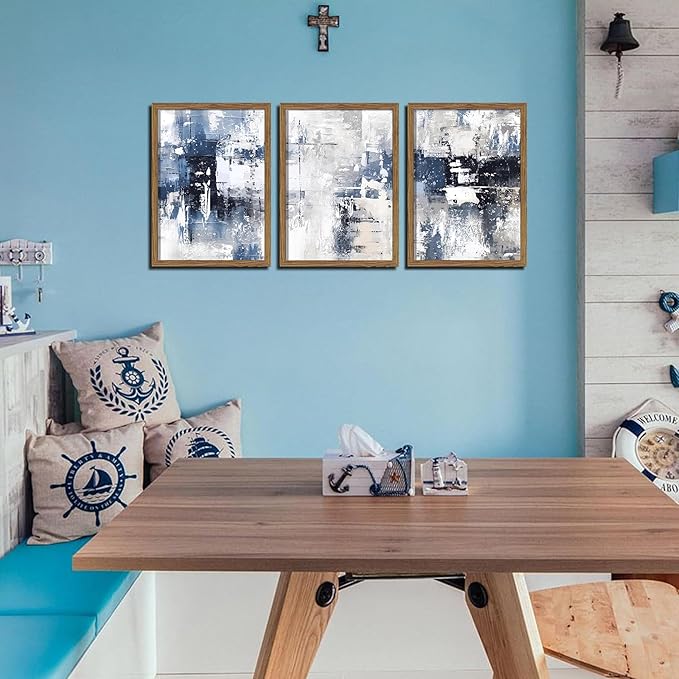 Blue Abstract Wall Art Set of 3, White and Blue Abstract Canvas Wall Decor Paintings, Modern Neutral Minimalist Posters Prints Pictures for Living Room Bedroom Office Home Decor 16x24 Inch Wood Framed
