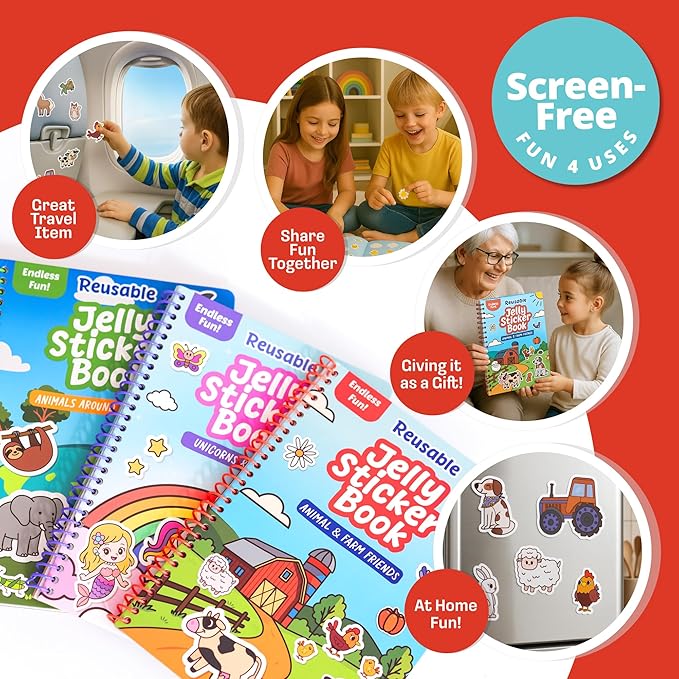 Reusable Jelly Sticker Book - Farm, 7 Scenes - 50 Thick Washable Stickers for Toddlers & Kids: Easter Basket Stuffers, Gift Ideas for Ages 3-5 Years Old - Toddler Stickers Travel Activity Toy 2-4 1-3