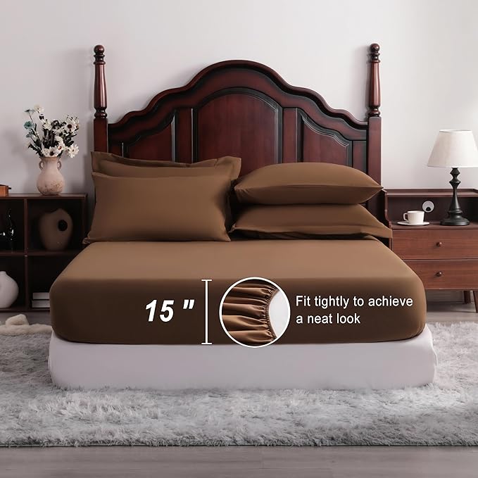 NTBAY Queen Comforter Set with Sheets, 7 Pieces Soft and Breathable Queen Bedding Set, Bed in a Bag, Down Alternative Comforter Set Solid Color All Season, Queen Bedding Set, Brown