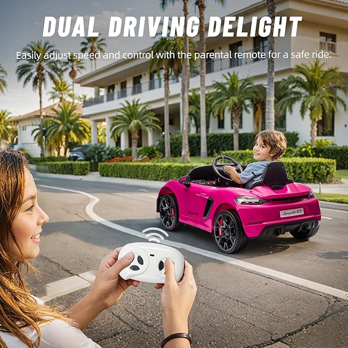 First Ride On Licensed Porsche 718 12V Ride on Toy for Toddler, Ride on Car for Kids with Remote Control, Child Electric Car w/Horn, Radio, USB, Spring Suspension, Opening Door, Led Light (Pink)