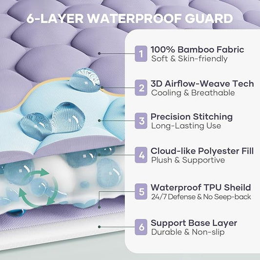 OhGeni 100% Waterproof Mattress Protector,Queen Size Mattress Soft Pad,Hair & Bedwetting Resistant,Cooling Breathable Fitted Sheets,Washable Bed Cover,Non-Slip Deep Pocket,Noiseless for Bedroom,Purple