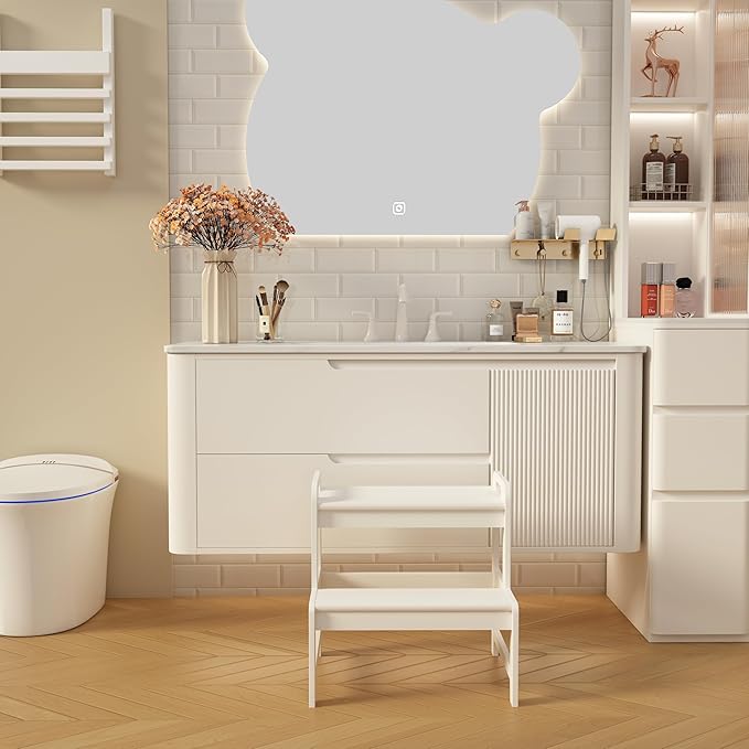 BALANBO Step Stool for Kids Bamboo Toddler Two Steps Stool with Anti-Slip and Handles Stairs 300 lbs Capacity for Bathroom Kitchen Bedroom(White)