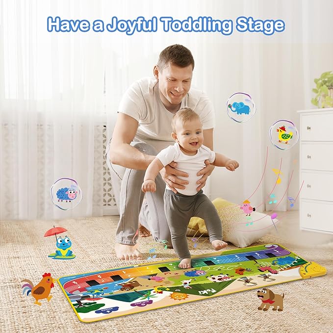 FOKI Toddler Toys Floor Piano Mat with 61 Animal Music Sounds, Baby Kid Sensory Educational Dancing Musical Keyboard Carpet Toy, Record Playback, for 1 to 5 Years Old Boy and Girl