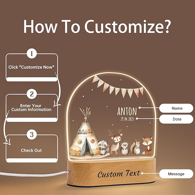 7GEEFT Personalized Baby Gifts Safari Animal Night Light, Custom Name LED Acrylic Plaque Lamp, Perfect Baby Shower Newborn Gifts for Kids Boys Girls, Christmas Nursery Decor for Children's Room