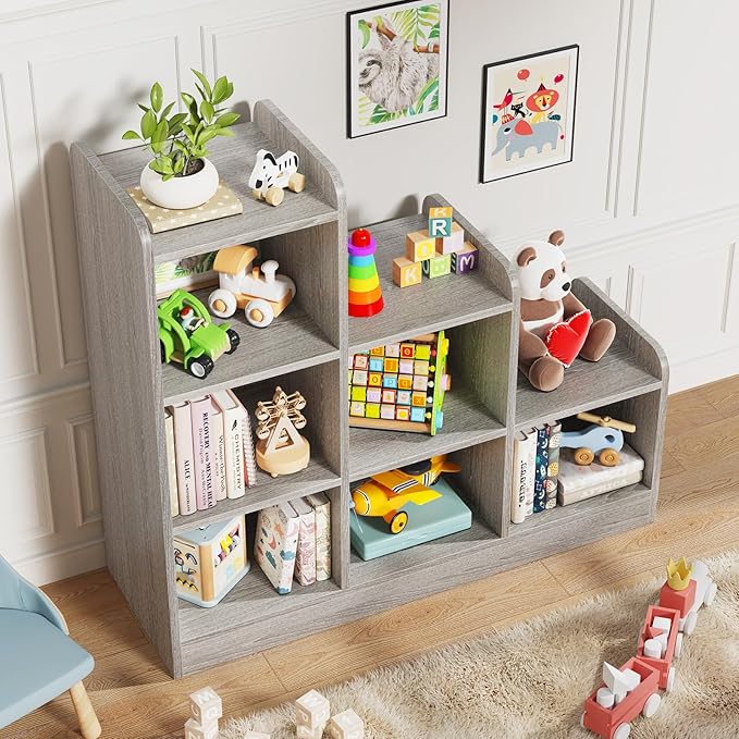 Derfullo Book Shelf, 6-Cube Toy Organizers and Storage, Small Open Floor Montessori Bookcase for Kids Room, Bedroom and Playroom, 35.4" W x 11.8" D x 31.5" H, Grey