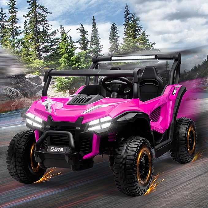 MOLACHI 24V Kids Ride on UTV Car,4WD Battery Powered Electric Vehicle for Kid, 2 Seater Ride On Truck with Remote Control,Safety Belts,3 Speeds,Bluetooth (Pink)