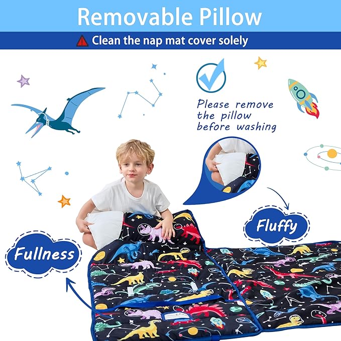 Toddler Nap Mat with Pillow and Blanket, Extra Large Rolled Napping Mats,Slumber Bags for Boys Girls,Kids Sleeping Bag for Daycare, Preschool Travel Camping