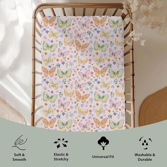 Watercolor Butterflies Spring Floral Baby Crib Sheets Boy Girl 52"x28" Pastel Flowers Leaves Soft Stretchy Fitted Crib Mattress Cover Easter Garden Baby Sheet for Standard Crib and Toddler Mattress