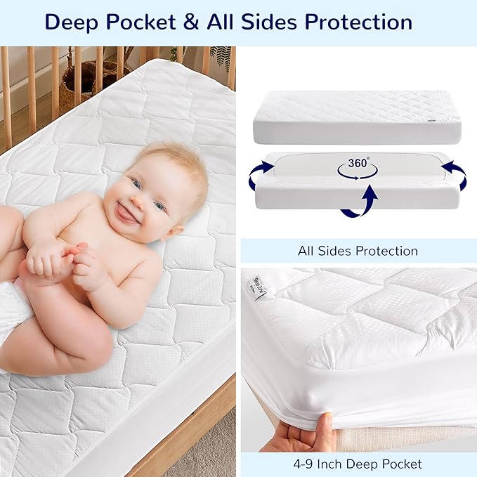 SLEEP ZONE Waterproof Crib Mattress Protector 2 Pack, Elastic Fitted Twin Mattress Pad Ultra Soft and Breathable, Machine Washable Mattress Cover for Standard Baby Crib Size 52''x28'', Pure White