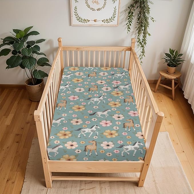 Watercolor Horse Floral Baby Crib Sheets for Boy Girl 52"x28" Running Horses Boho Flowers Soft Snug Fitted Crib Mattress Cover Wild Animals Baby Sheet for Standard Crib & Toddler Bed Mattress Green
