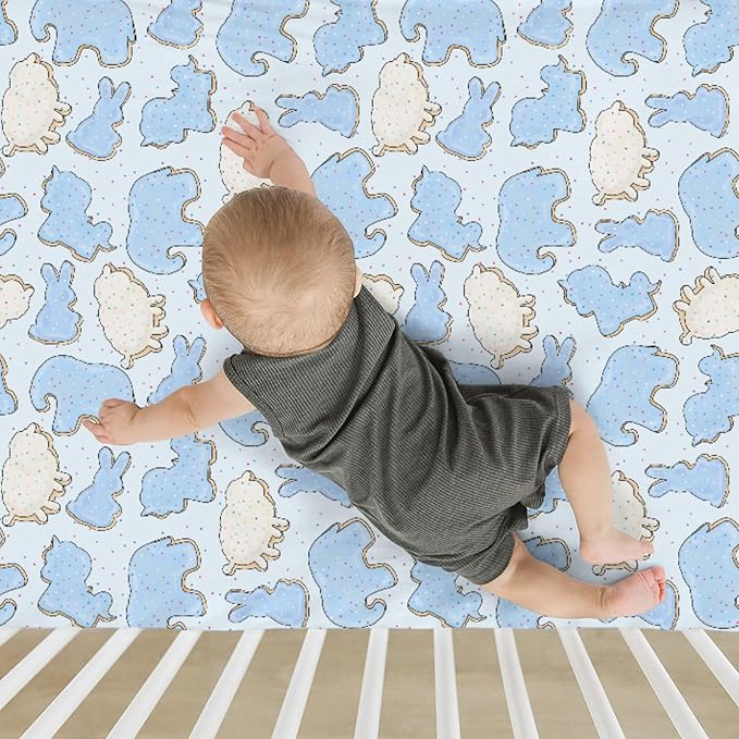 Blue Animal Cookie Baby Crib Sheets for Boy Girl 52"x28" Cute Frosted Animal Cookie Soft Snug Fitted Crib Mattress Cover Circus Animal Biscuits Baby Sheet for Standard Crib & Toddler Bed Mattress