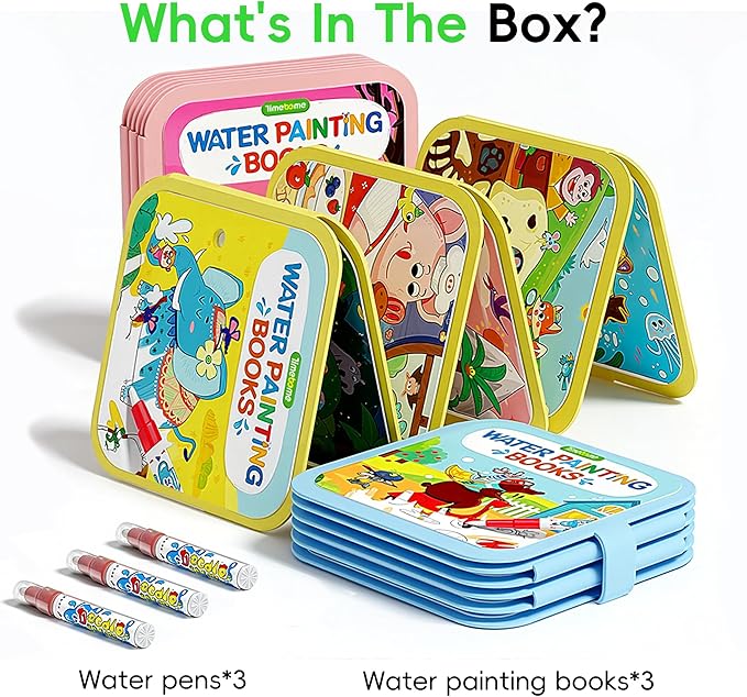 Timetome Reusable Water Painting Book for Kids - 3 Pack Magic Watercolor Books with Water Pen Fairy Tale, Animal & Dinosaur Themes | No Mess Paint & Reusable Fun for Ages 3+