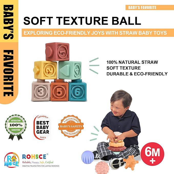 Montessori Toys for Babies, 3 in 1 Baby Toys 6 to 12 Months - Stacking Blocks & Sensory Balls & Soft Teething Rings, Newborn Learning Toys Activity Gifts for Toddlers 3-6-9-12 Months, 18PCS