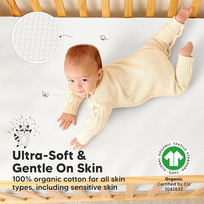 2-Pack Waterproof Crib Mattress Protector Cover Fitted - Quiet Baby Crib Mattress Pad Sheets, 52" x 28" Soft Quilted Cotton Baby Sheet, Machine Washable, Easy Fit, Durable (Soft White/Quin)