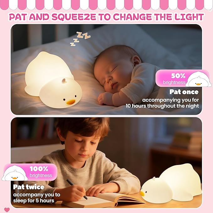 loatme Night Light for Kids, Rechargeable Dimmable Silicone LED Nightlight with 7 Colors, Baby Nursery Night Lamp, Touch Squishy Lamp, Cute Gifts for Girls, Boys, Toddler Room Decor, Lying Duck
