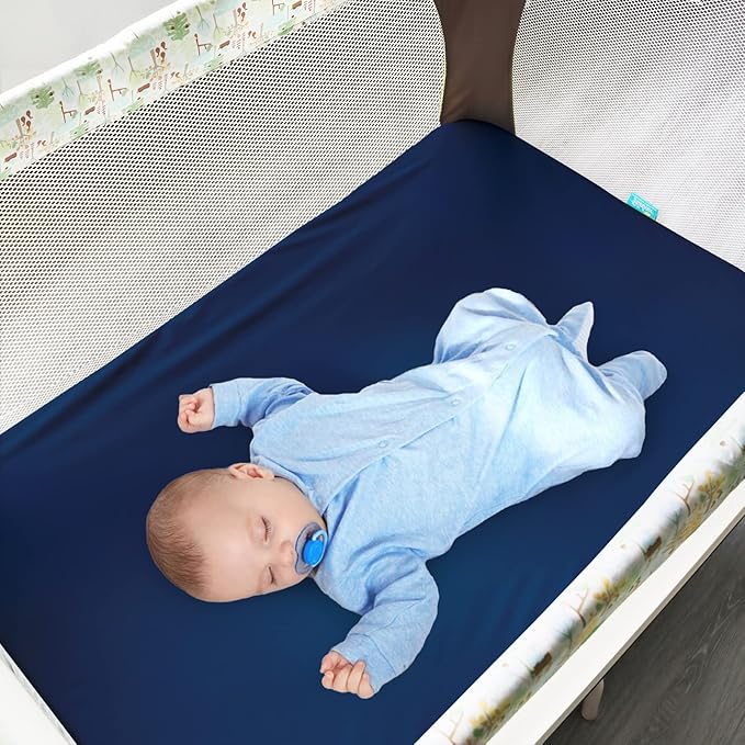 Biloban Pack and Play Sheets Waterproof 2 Pack Fitted, Compatible with Baby Graco Pack n Play/Playard and Other 38" X 26" Playpen Mattress, Grey & Navy