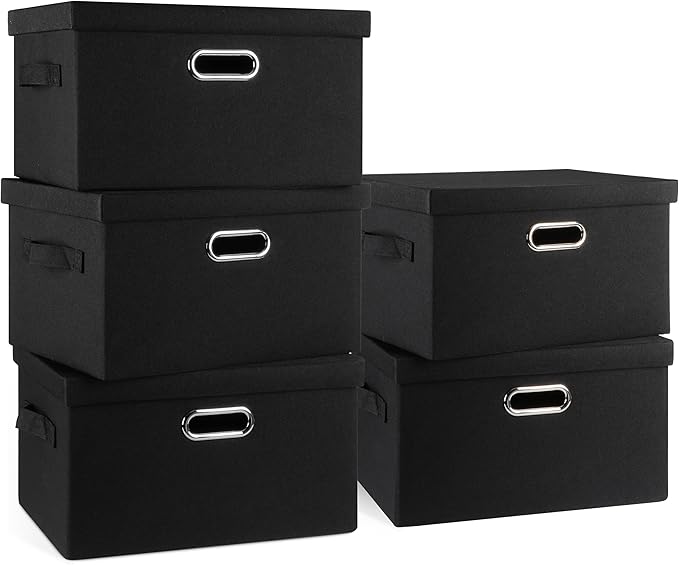 Graciadeco Medium 15" 21 Quart Collapsible Stackable Storage Bins with Lids, 5 Packs Black Foldable Fabric Closet Storage Boxes with Lids, Lidded Heavy-duty Linen Baskets(15x11x8)