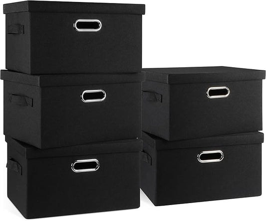 Graciadeco Medium 15" 21 Quart Collapsible Stackable Storage Bins with Lids, 5 Packs Black Foldable Fabric Closet Storage Boxes with Lids, Lidded Heavy-duty Linen Baskets(15x11x8)