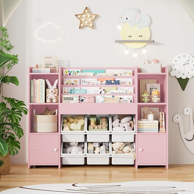 FINETONES Toy Storage Organizer with 6 Toy Bins, Toy Organizer Kids Bookshelf with 6 Cubbies, Toy Organizers and Storage Bins Playroom Storage for Kids Room, Pink