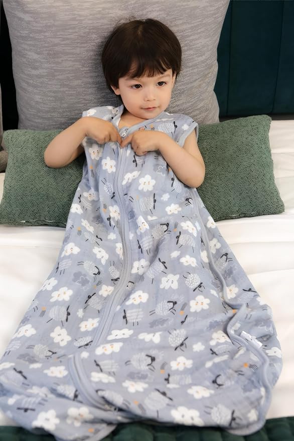 Baby Sleep Sack 2-4 T Baby Wearable Blanket 100% Organic Cotton 0.5 TOG Toddler Sleep Sacks 2- Way Zipper Soft 4 Layers Muslin 2T 3T 4T Sheep Grey