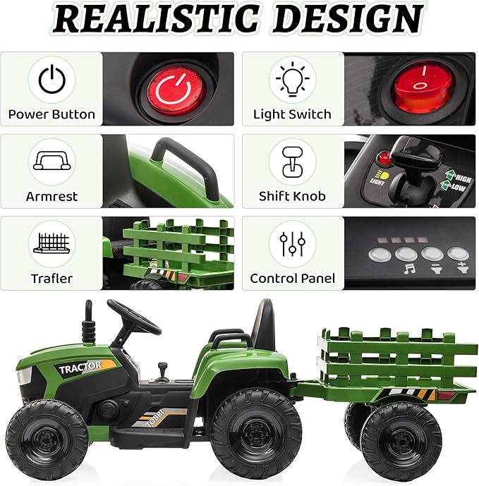 TOBBI Kids Electric Ride On Toy Tractor, Toddlers 12V Battery-Powered Car to Drive, 35W Dual Motor 6-Wheels Trailer Vehicle with 3-Speeds/LED & Horn Functions for Chirdren Aged 3-6-Dark Green