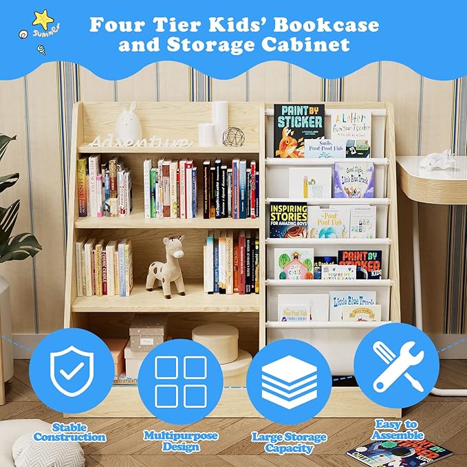 HedoAjim 4 Tier Kids Wooden Bookshelf,Five Layer Sling Children Bookcase,Baby Storage Book Rack,Book and Toy Organizer Cabinet Chest,Book Display Shelf,Playroom Nursery Classroom Library