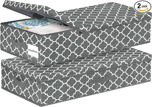 punemi Under Bed Storage Containers Bins With Lids, 6 Inches Tall Flat Underbed Clothes Storage W/Sturdy Sidewalls & Bottom, Low Profile Under Dorm Bed Storage Drawers With 3 Handles (Lantern Pattern)