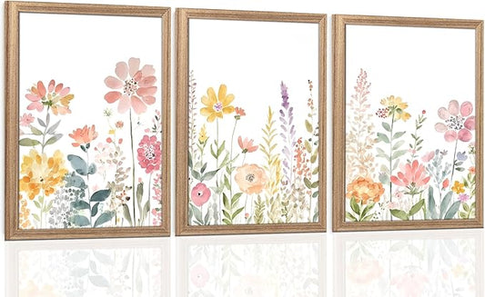 Colorful Flower Frame Wall Art Set Watercolor Flower Wall Art Multicolor Botanical Art Prints Wildflower Painting Printing Suitable for living room, bedroom, bathroom, 12x16 inch 3 piece set