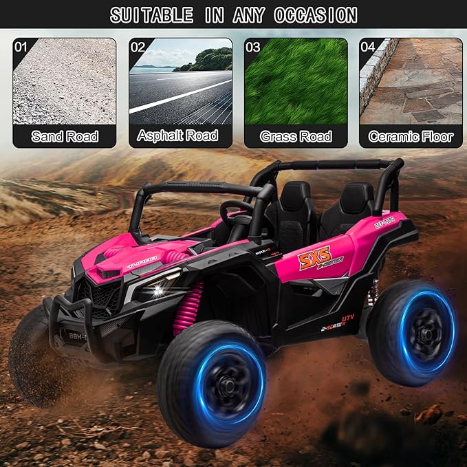 MOLACHI 24V Kids UTV with Remote Control, 2 Adjustable Seater 4WD Ride On Toy for Big Kids Ride On Truck with EVA Wheels, 3 Speeds Vehicle, LED Lights, 4 Shock Absorbers, Music & Horn, Bluetooth, Pink