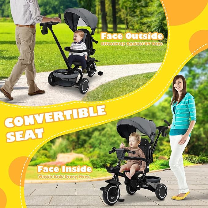 Folding Kids Tricycle, 8 in 1 Baby Trike W/Removable & Adjustable Canopy, Parent Handle, 5-Piont Safety Harness, Toddler Bike Stroller for Kids 1-6 Years, EVA Wheels, Storage Basket, Grey
