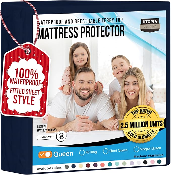 Utopia Bedding Waterproof Mattress Protector Queen Size, Premium 200 GSM Terry Mattress Cover, Soft & Breathable Bed Cover, Fitted Sheet Style with Stretchable Deep Pockets 17" (Navy Blue)