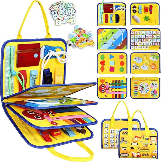 Esjay Toddler Busy Board Montessori Toys for Boys Girls, Sensory Book Educational Activities for Learning Fine Motor Skills, Birthday Gifts for Toddlers, Travel Toys for Airplane Car, Yellow Truck