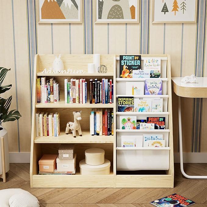 HedoAjim 4 Tier Kids Wooden Bookshelf,Five Layer Sling Children Bookcase,Baby Storage Book Rack,Book and Toy Organizer Cabinet Chest,Book Display Shelf,Playroom Nursery Classroom Library