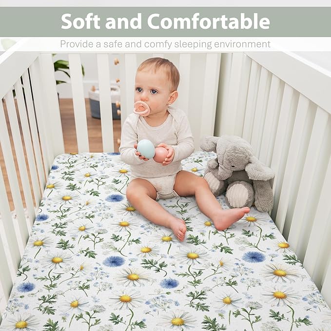 Vintage Daisy Boho Floral Baby Crib Sheets for Boy Girl 52x28Inch Wild Flowers Leaves Soft Stretchy Fitted Crib Mattress Cover Spring Summer Baby Sheet for Standard Crib and Toddler Mattress