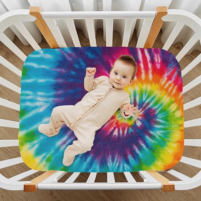 Tie Dye Rainbow Crib Sheets Soft Breathable Fitted Baby Playard Sheets Mattress Cover for Girl Boys, 39" x 27" x 5"