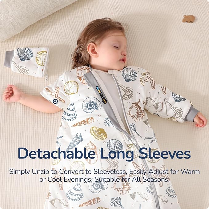Baby Sleep Sack 3–6 Months, 2.5 TOG Warm Cotton Sleep Sack with Detachable Long Sleeves, Winter Wearable Blanket for Cold Nights, 2-Way Zipper Toddler Sleeping Sack, Ocean
