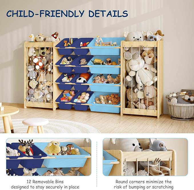 EXPERLAM Toy and Stuffed Animal Storage, 12-Bin Toy Shelf with Double-Sided Stuffed Animal Holder & Thicker Elastic Ropes, Space-Saving Solid Wood Toy Organizer for Playroom, Nursery, Bedroom, Blue