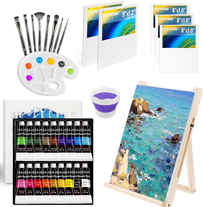 LEYEMO Acrylic Paint Set for Kids, Art Supplies Painting Kit with18 Acrylic Paints, 5 Canvas, 8 Paint Brushes, Easel, Palette ETE, Paint Set Gifts for Adults & Artist
