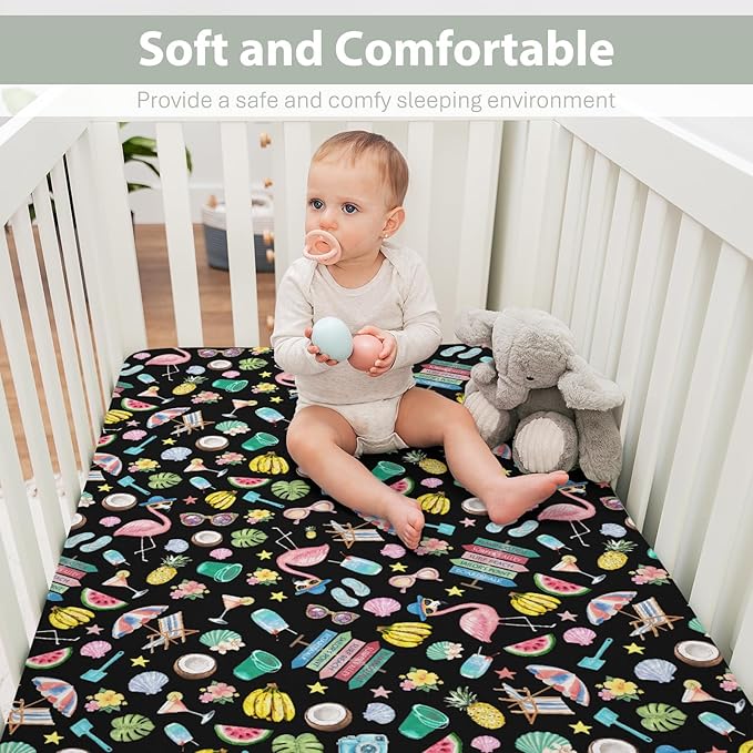 Surf Beach Summer Baby Crib Sheets for Boy Girl 28"x52" Flamingo Tropical Leaves Floral Fruits Soft Stretchy Fitted Crib Mattress Cover Beach Party Vacation Baby Sheet for Crib & Toddler Bed Mattress