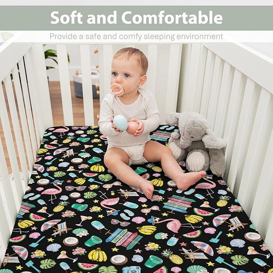 Surf Beach Summer Baby Crib Sheets for Boy Girl 28"x52" Flamingo Tropical Leaves Floral Fruits Soft Stretchy Fitted Crib Mattress Cover Beach Party Vacation Baby Sheet for Crib & Toddler Bed Mattress