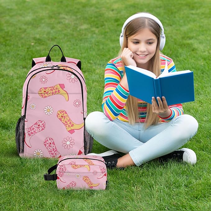 Jucciaco Western Cowgirl Boots and Flowers Backpack with Lunch Bag, School Travel Backpack for Teens Boys Girls Kids Backpacks Set