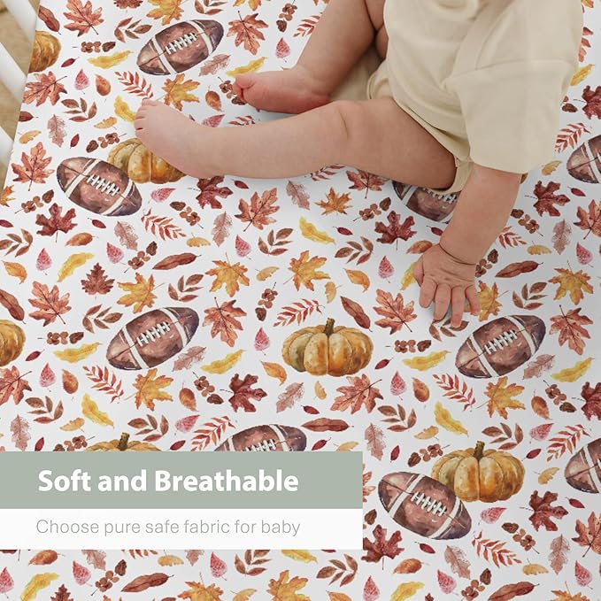 Autumn Football Pumpkin Leaves Baby Crib Sheets for Boy Girl 52"x28" Fall American Football Maple Soft Snug Fitted Crib Mattress Cover Thanksgiving Sports Baby Sheet for Crib & Toddler Bed Mattress