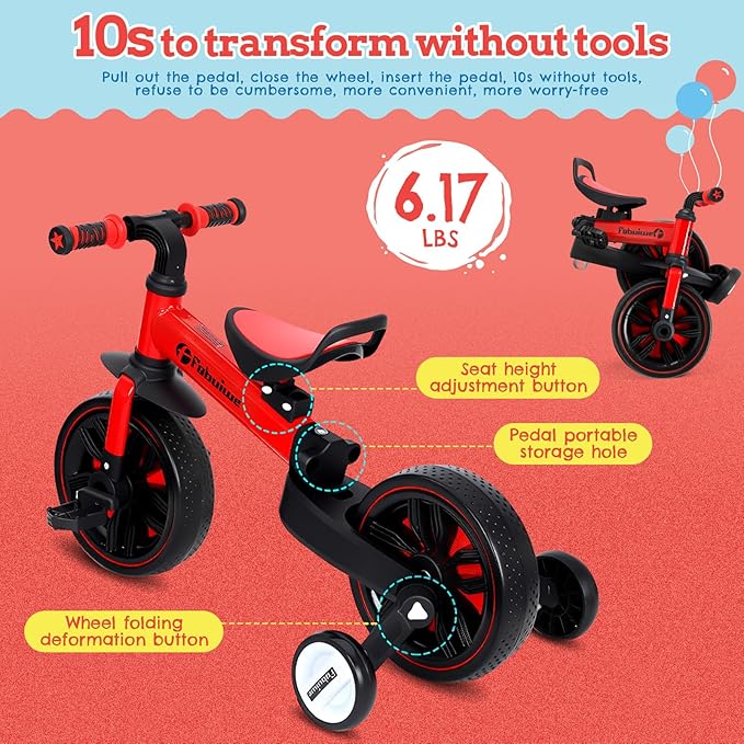 Kids Balance Bike with Push Handle, Tricycle for Toddlers 1-3 Years Old, Kids Bicycle with Adjustable Seat, Removable Pedals, Auxiliary Wheels, Foldable Metal Frame