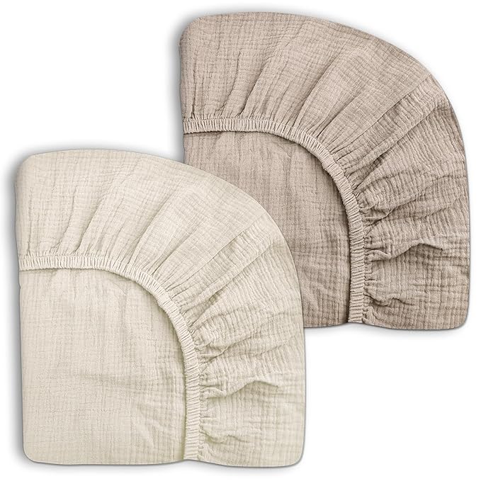 Pack and Play Sheets for Baby Boy and Girl 2 Pack, Neutral Muslin Cotton Pack N Play Mattresses Sheet 27"x39", Muslin Nursery Bedding Soft and Breathable Comfort (Beige & Cream)
